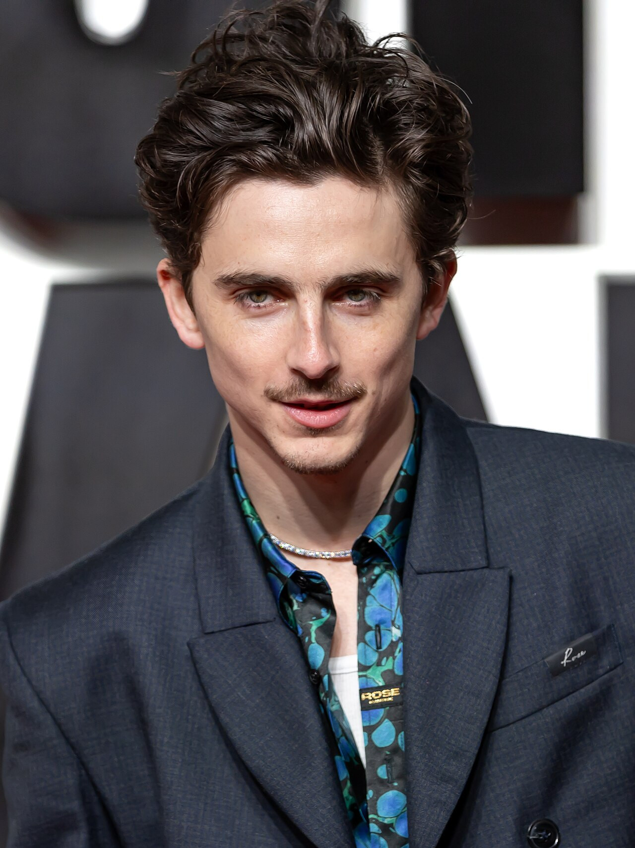Timothée Chalamet mặc suit tối màu may đo với áo sơ mi hoa văn xanh nổi bật.